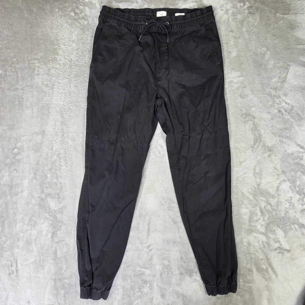 HM LOGG Mens Slim Fit Stretch Joggers Black Elastic Waist Drawstring M Casual